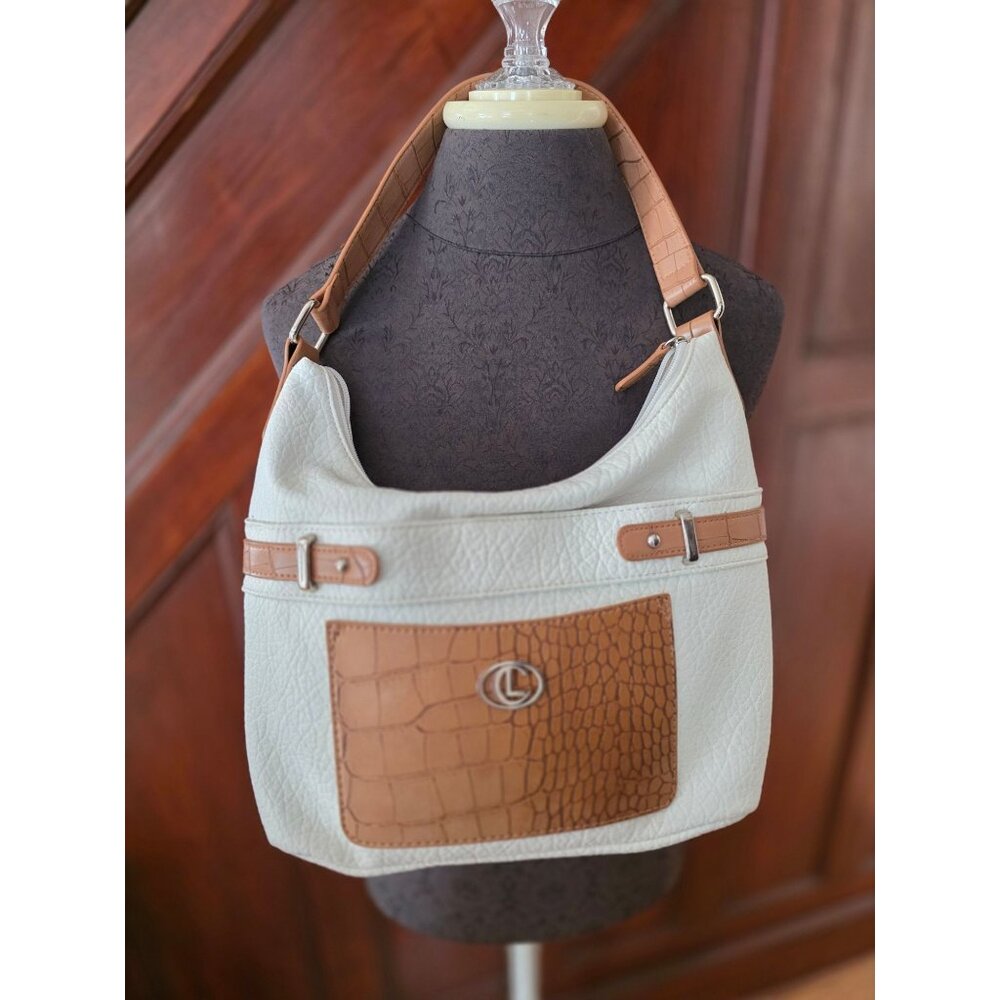 CL Beige & Tan Croc-Embossed Shoulder Bag With Front Pocket & Zippered Back